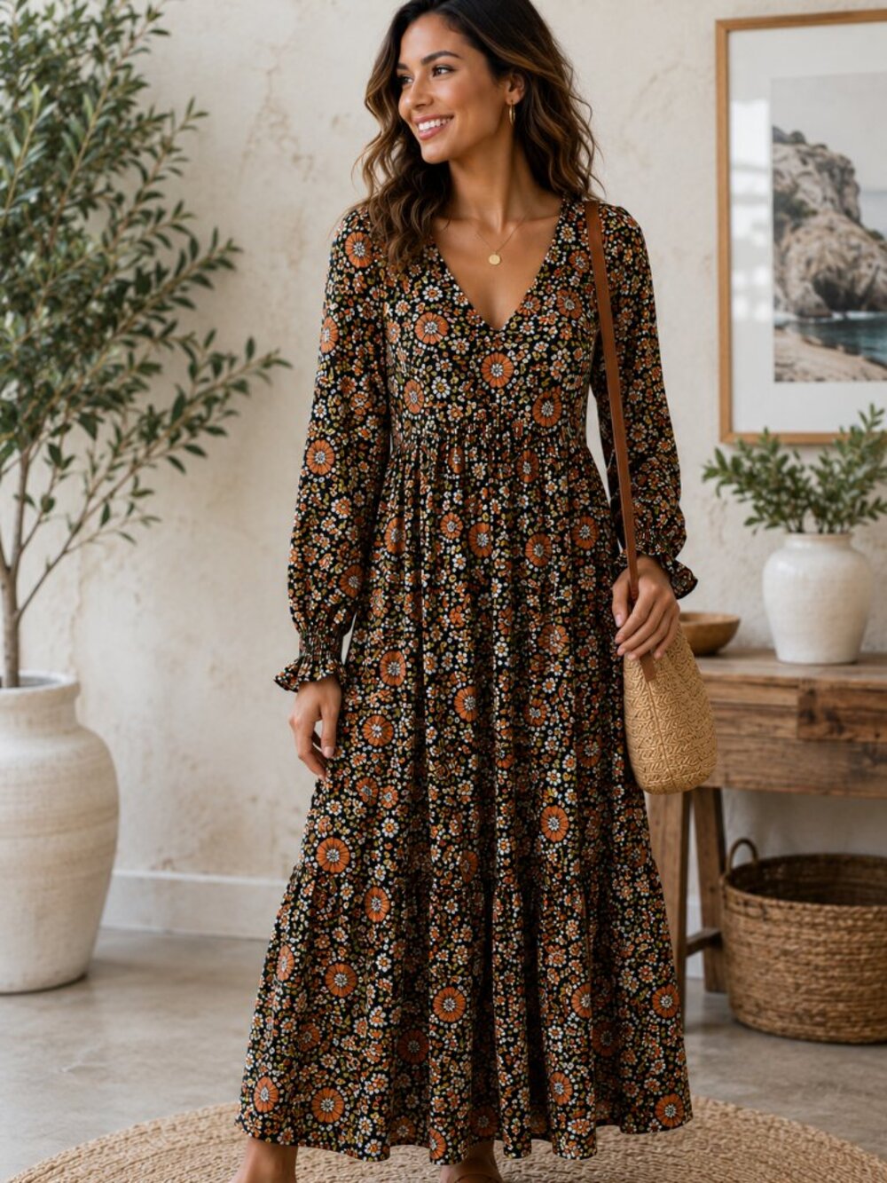In Loom Floral Boho Maxi Dress Size M Long Sleeve Smocked Cuffs Cottagecore